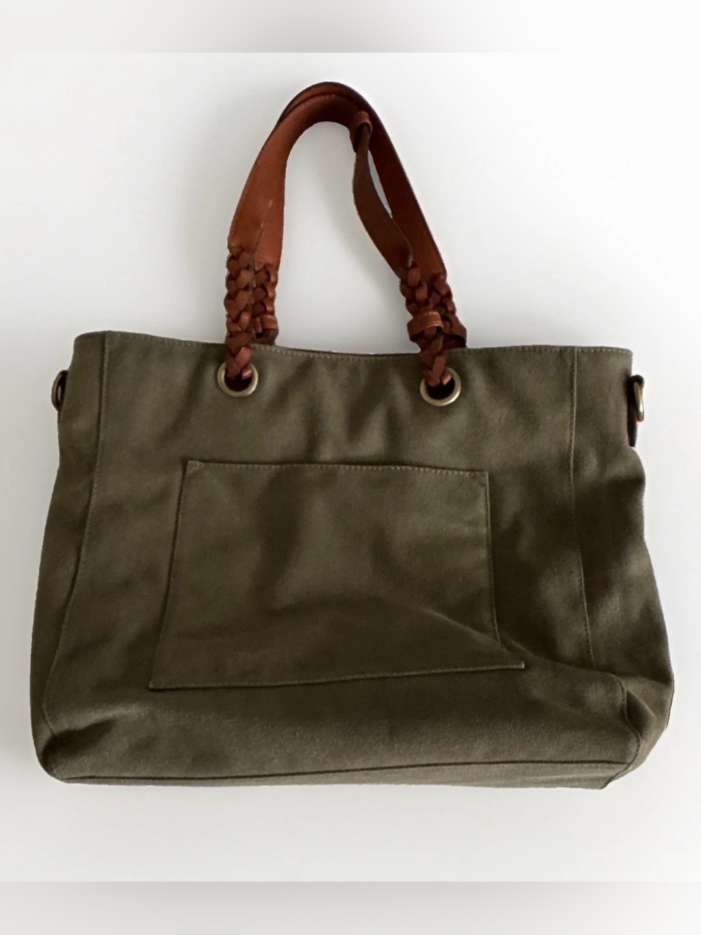 Street Level Olive Canvas Tote with Braided Brown Handles